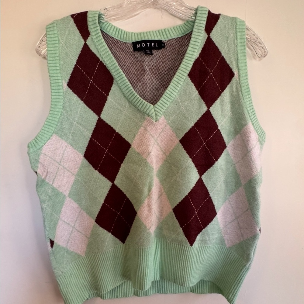 Motel Rocks Green and Brown Argyle V-Neck Sweater Vest XS